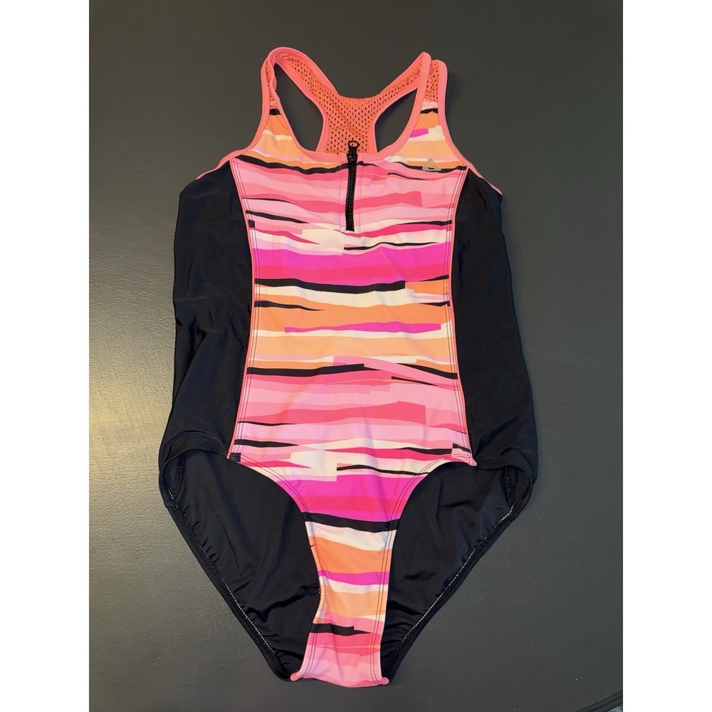 Gerry Swimsuit Girls Size 16 Black/Multi Racerback Zip Pool‎ Beach Modest